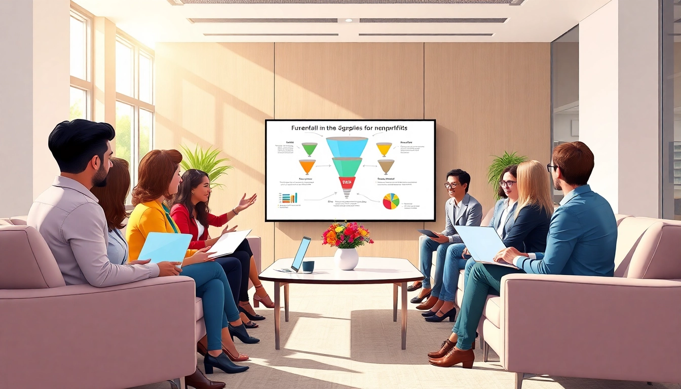 Engaged nonprofit team exploring funnels for nonprofits in a bright conference room.