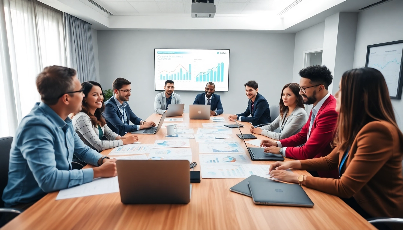 Strategic meeting discussing competitive intelligence with diverse professionals in a modern office.