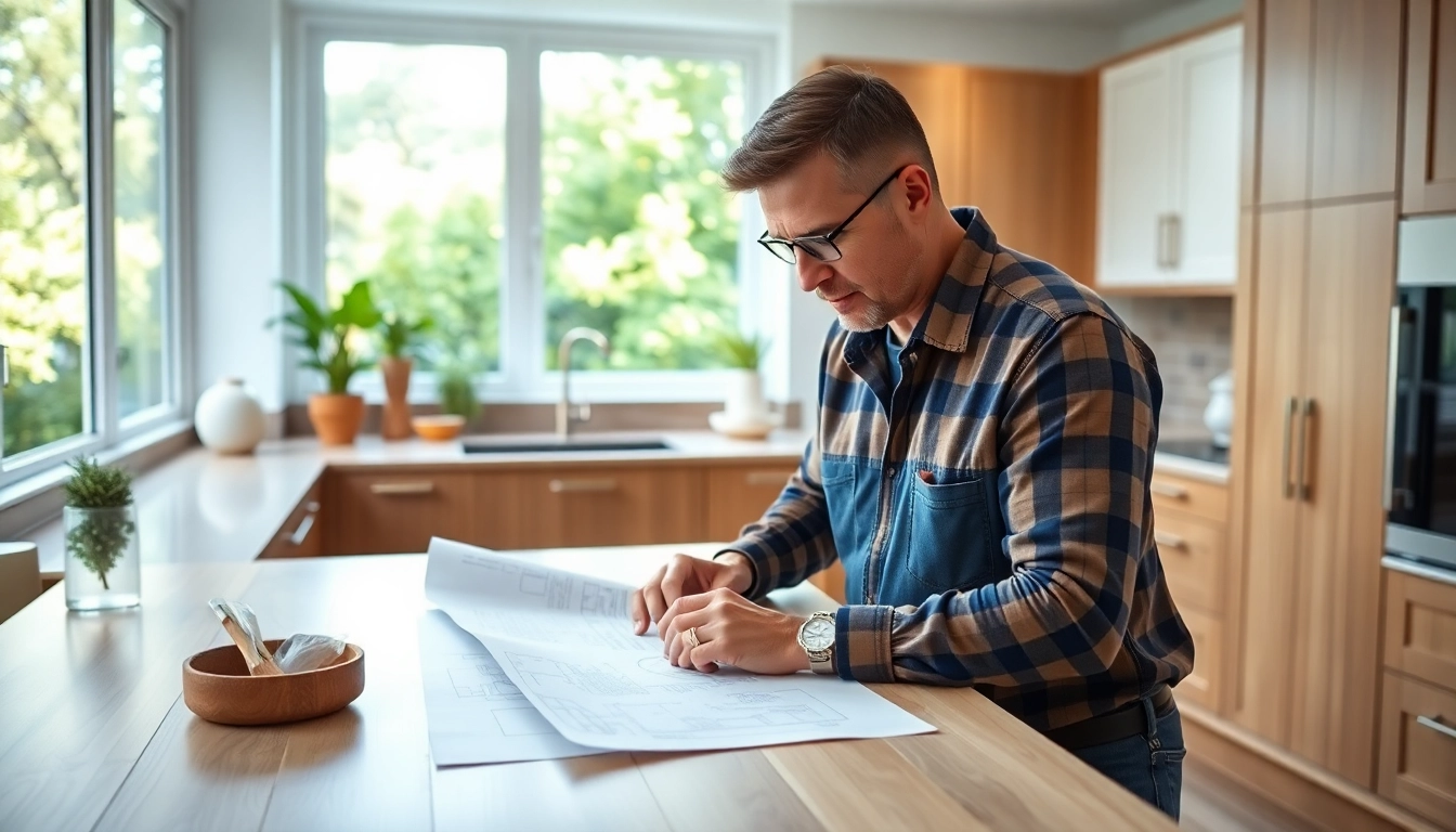 Full home renovation contractor Nashville examining plans in an elegant kitchen setting.