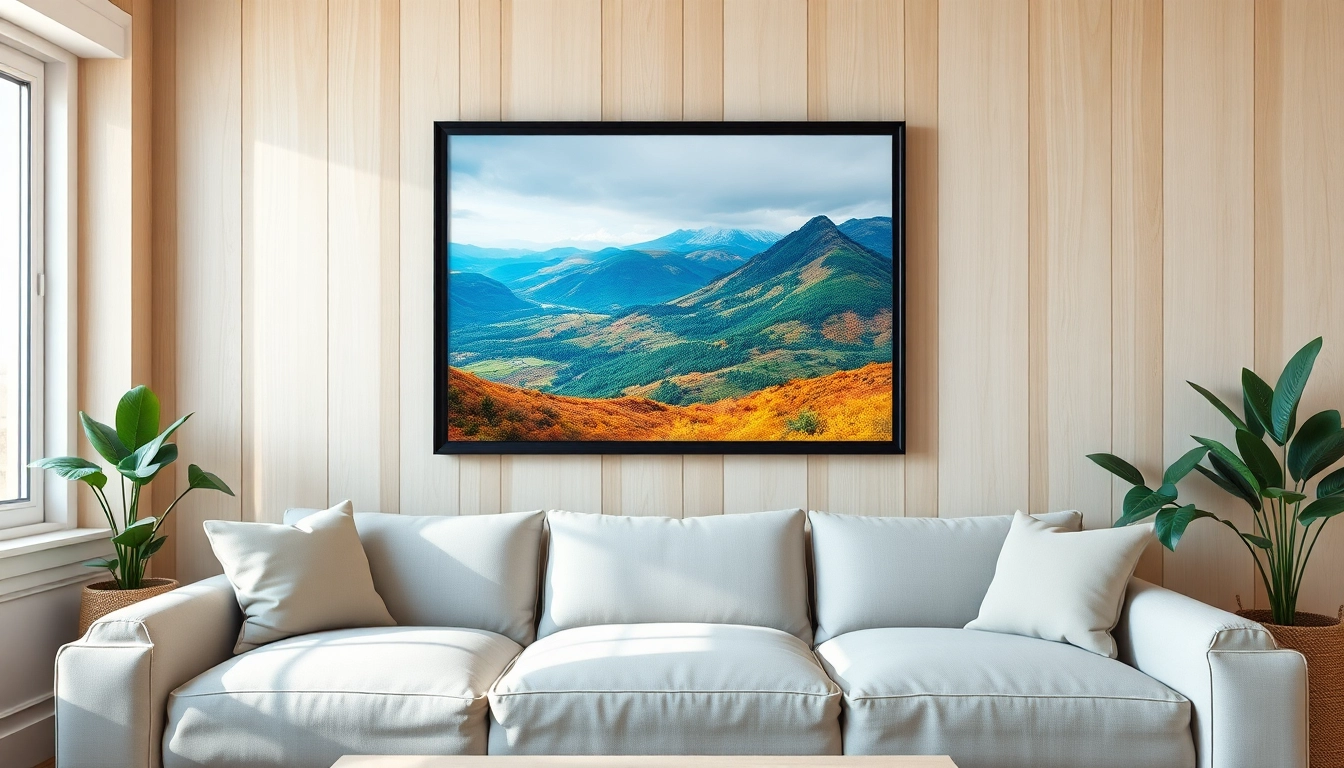 Showcase a vibrant framed canvas print enhancing a stylish living room decor.