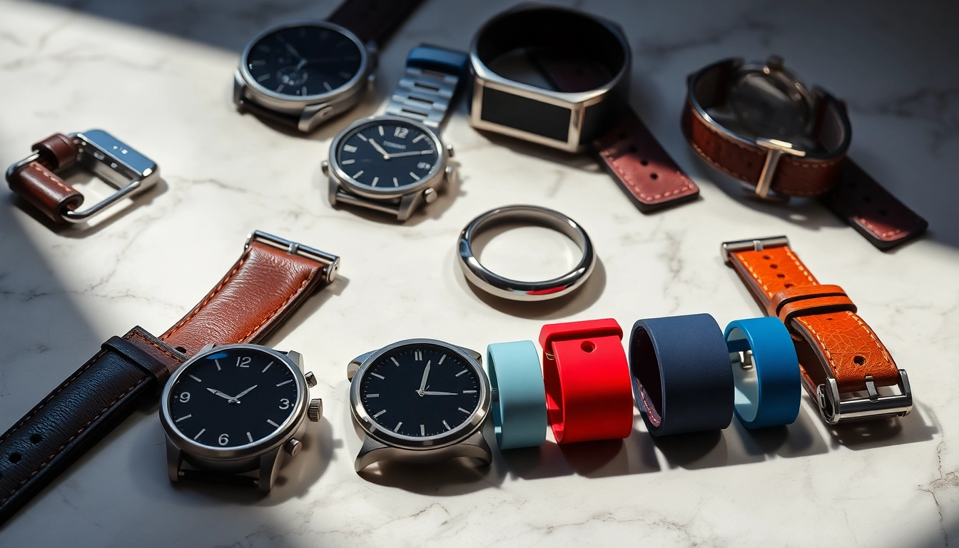 Explore stylish watch bands in various materials arranged elegantly on a marble surface.