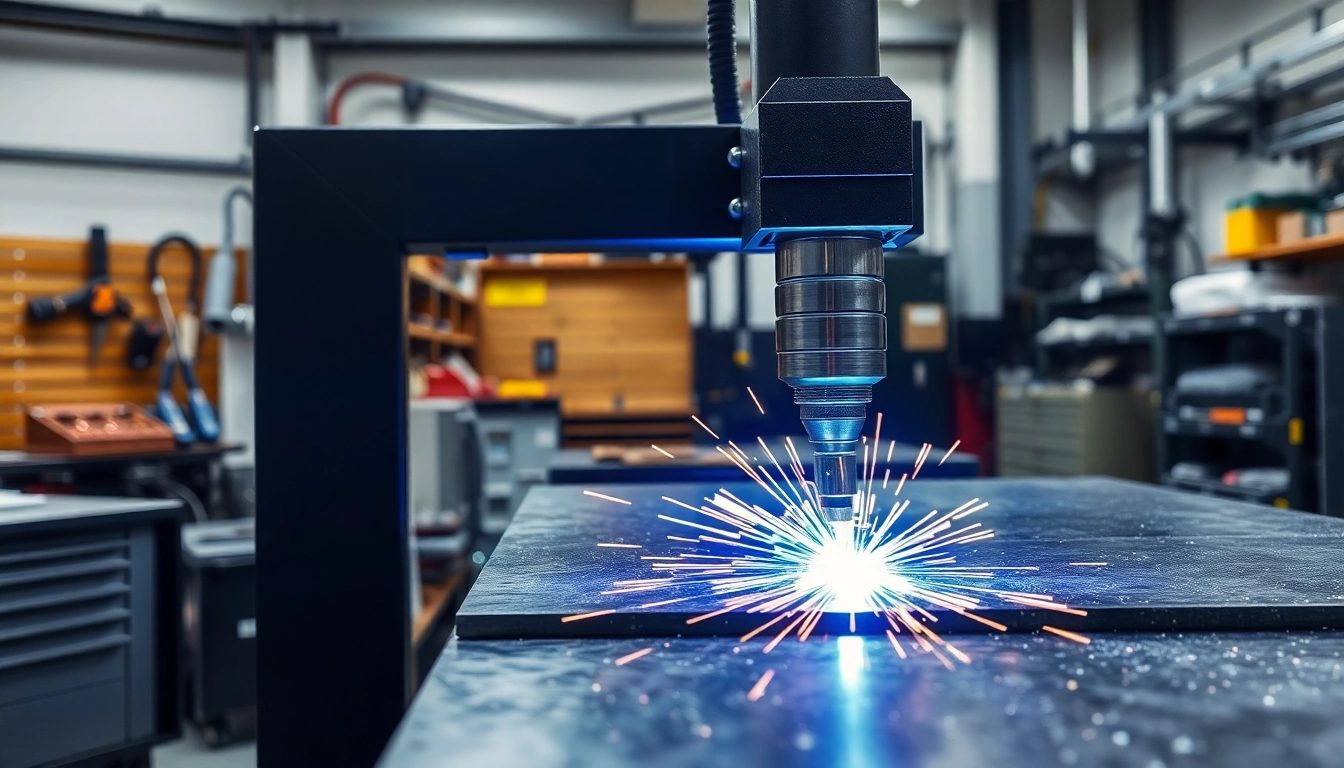 Laser welding machine in action, showcasing precision welding of metal in a bright workshop environment.
