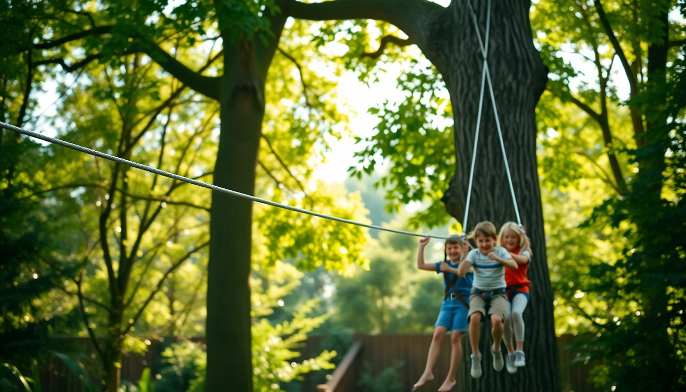 Family enjoying a thrilling experience with a ZIP WIRE KIT amidst a vibrant and green backyard setting.