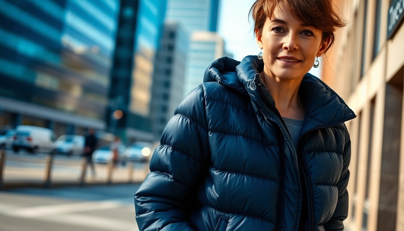 Model showcasing a fashionable puffer jacket for women while strolling through a modern city.