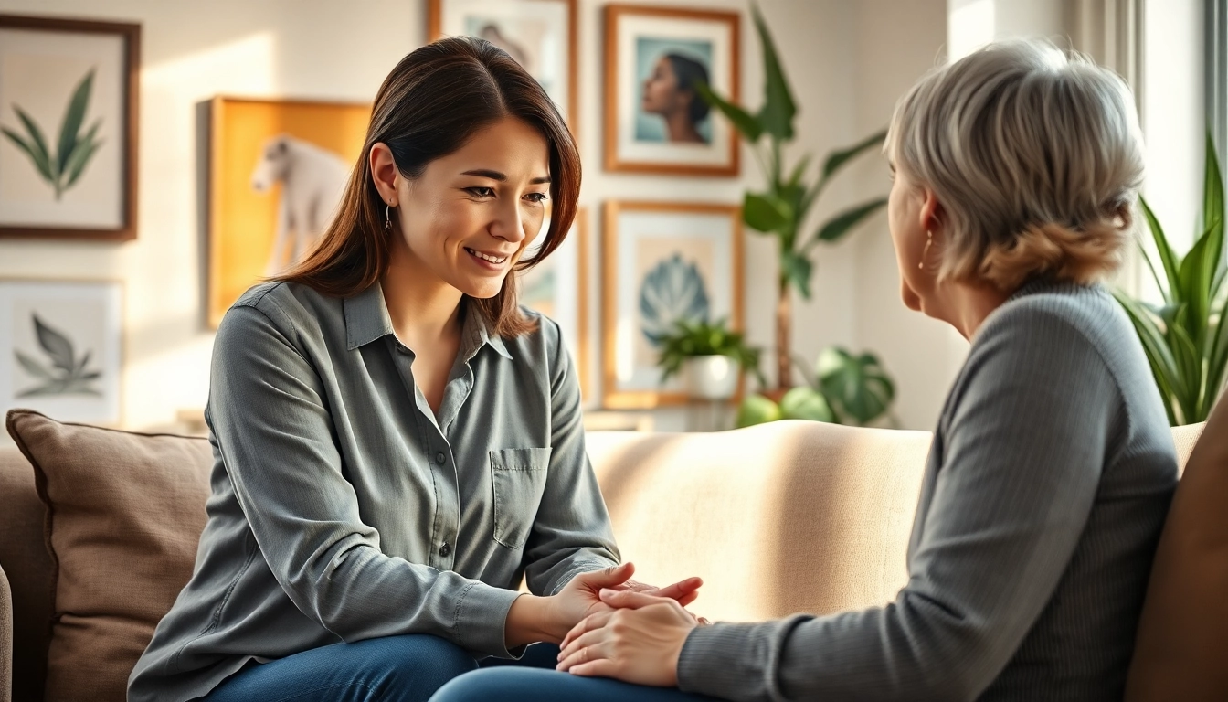 Engaging attachment theory coach providing support in a comforting therapy session atmosphere.