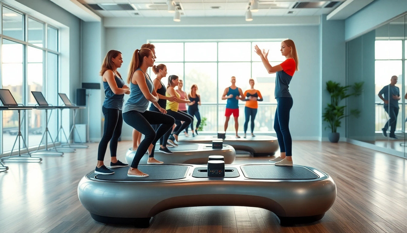 Engaging whole body vibration therapy session led by a trainer in a bright gym setting.