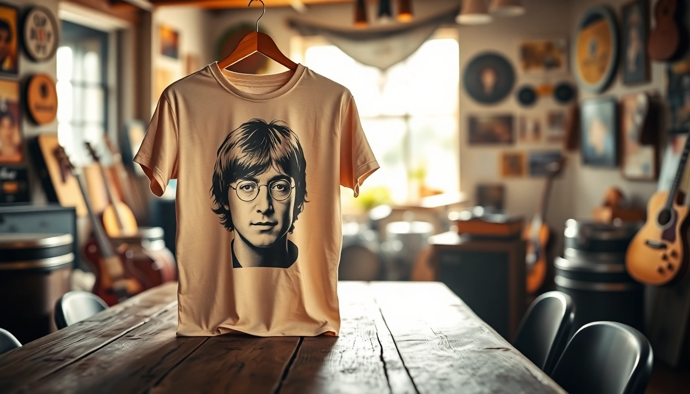 Showcase a vintage John Lennon t shirt against a rustic backdrop, highlighting its unique design and texture.