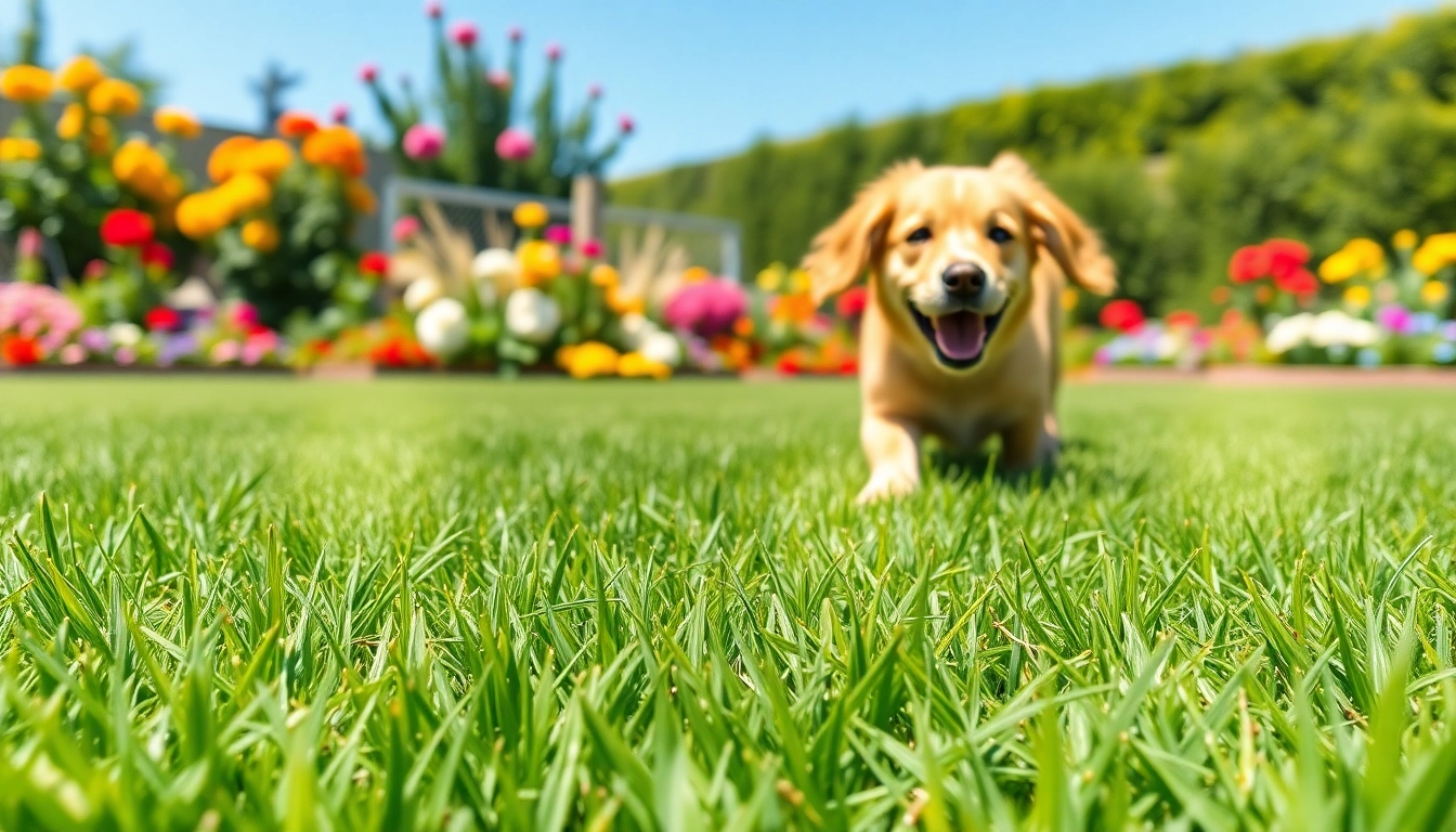 Dog urine smells strongly of ammonia on a green lawn with a playful dog amidst colorful flowers.