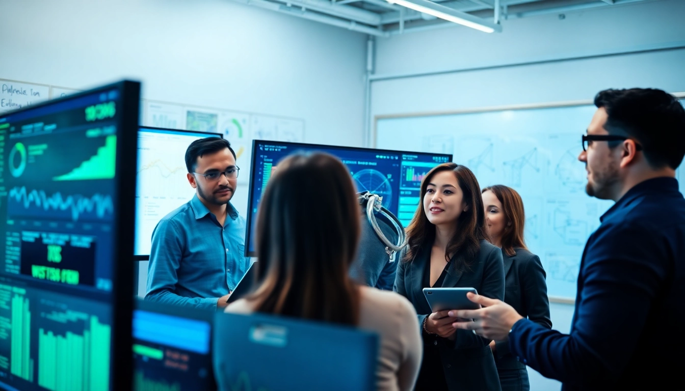 Site reliability engineering experts collaborating in a vibrant tech environment.