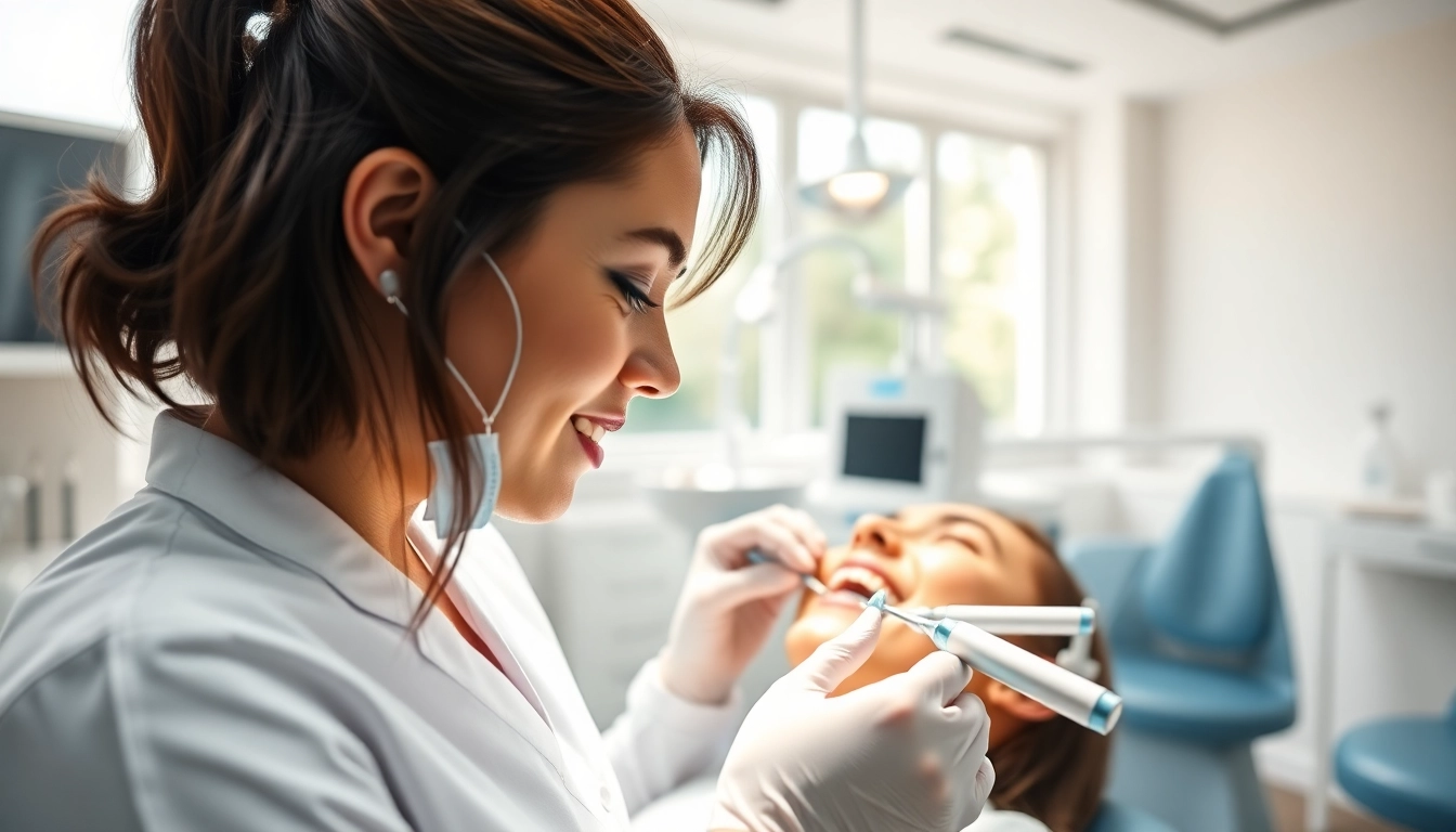 Emphasizing hygiene, a dental hygienist carefully cleans a patient's teeth in a modern clinic.