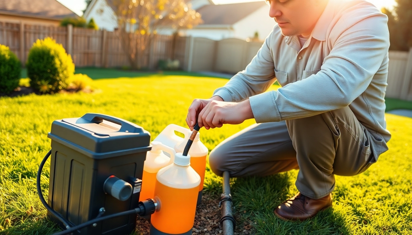 Refilling termite reticulation system refills by a technician in a residential area showcasing professional pest control.