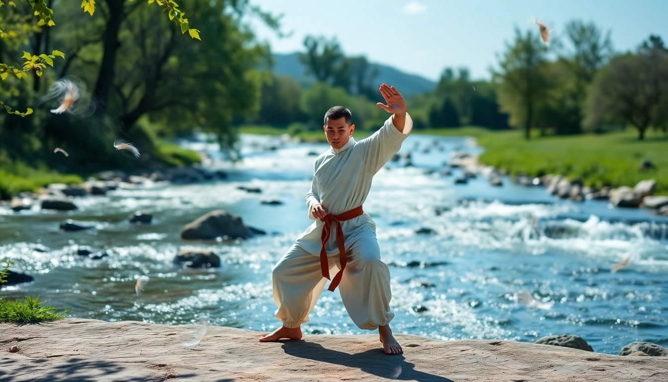 AirBend performance by an airbender amidst swirling leaves and a tranquil stream.