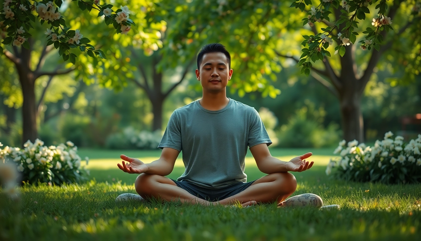 Practicing dealing with anxiety through mindfulness and relaxation in a serene outdoor environment.
