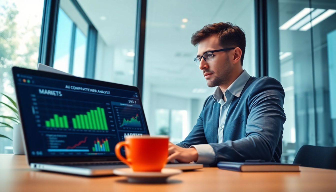 Engaging in AI for competitor analysis, a professional data analyst utilizes advanced tools in a dynamic workspace.