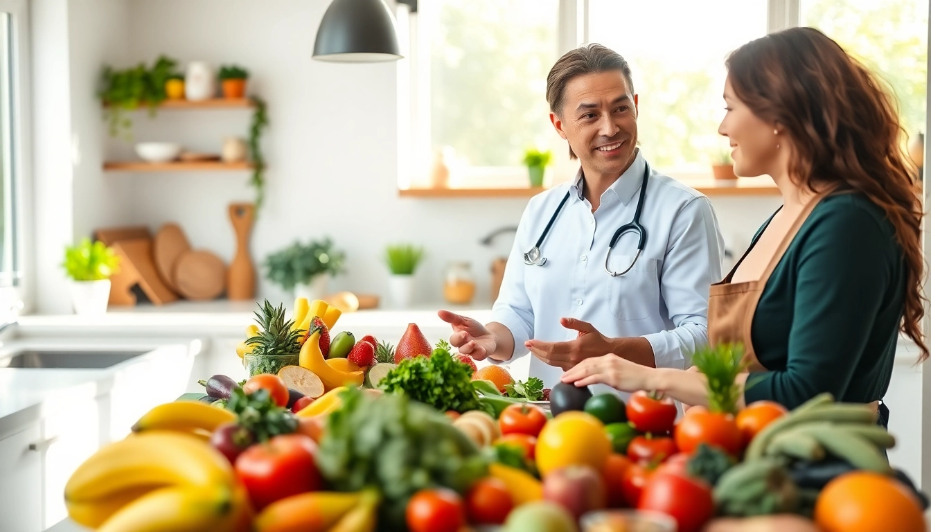Nutritionist guiding a client on a daily diet for weight loss with colorful foods.