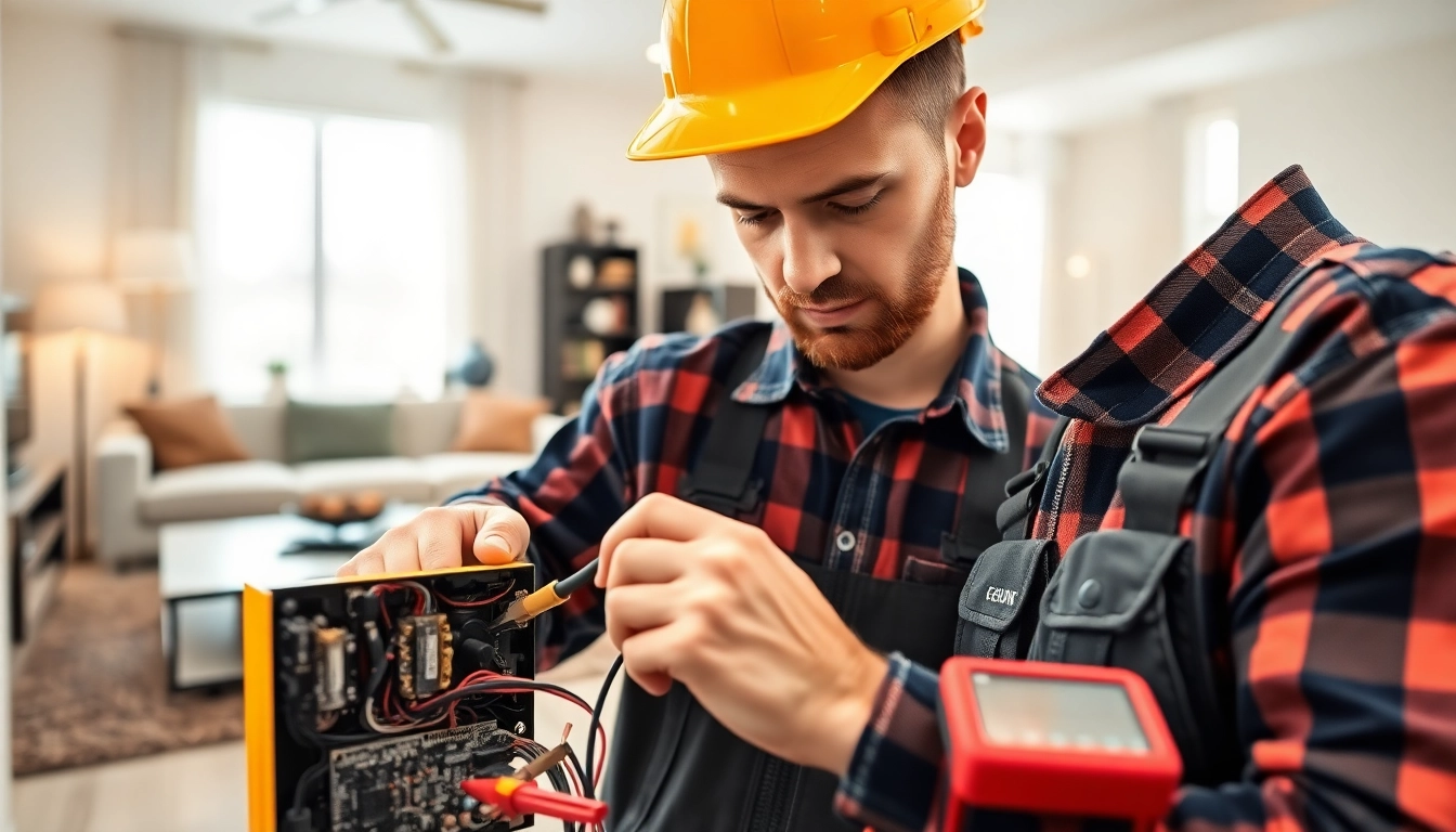 Electrician performing Electrical Service installation with modern tools in a stylish home environment.