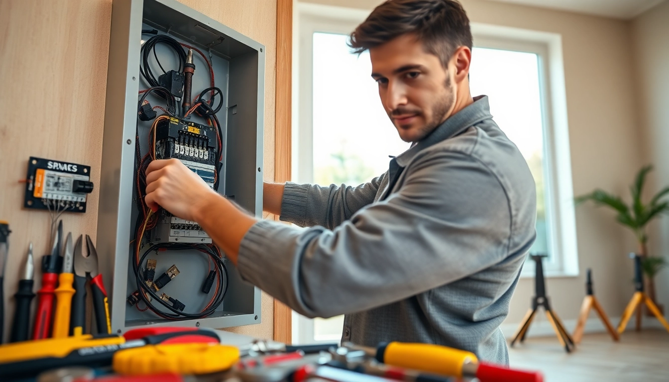 Electrician demonstrating an Electrical Panel Upgrade with tools and components.