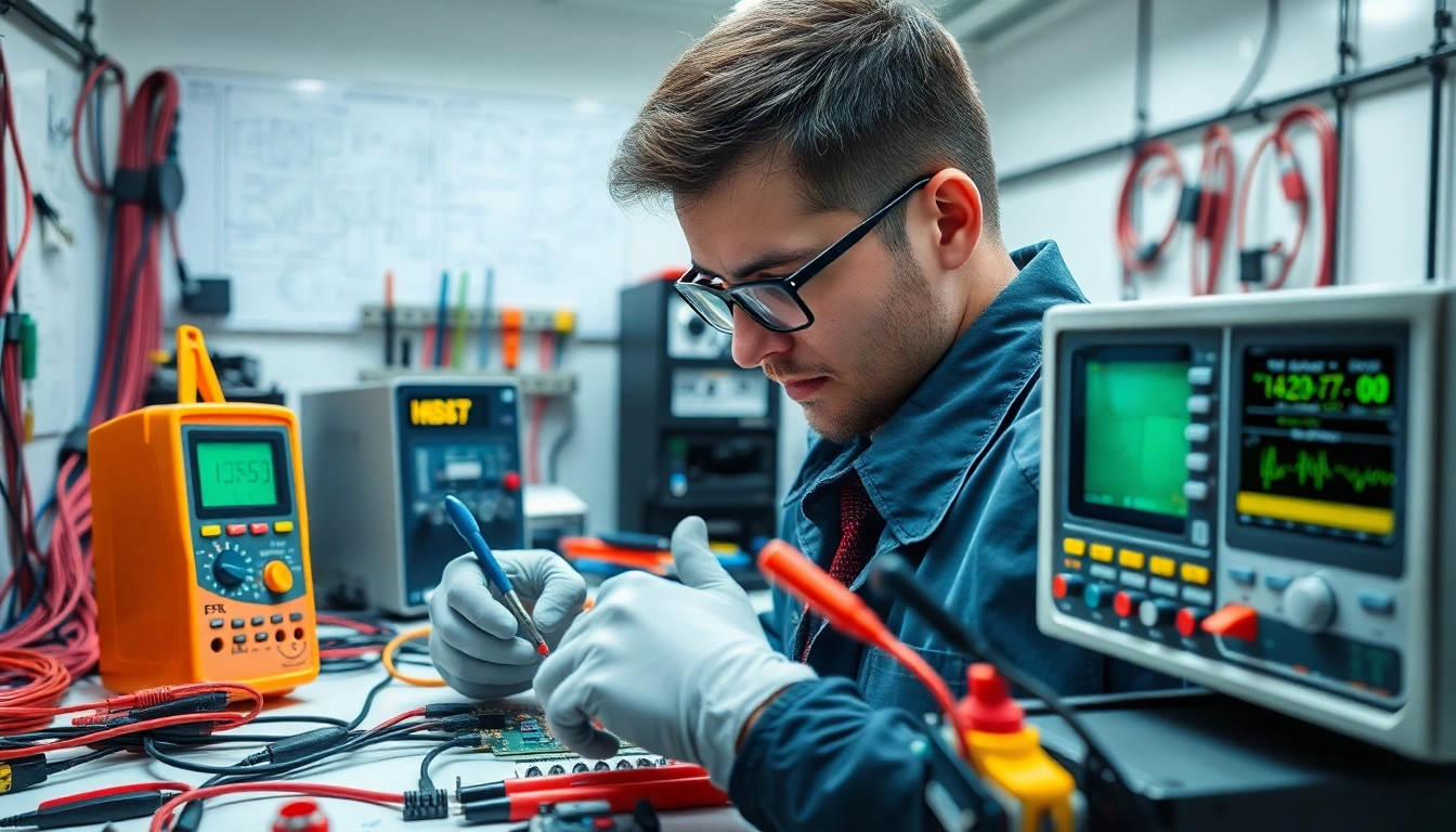 Performing electrical equipment testing with precise tools in a professional lab environment.