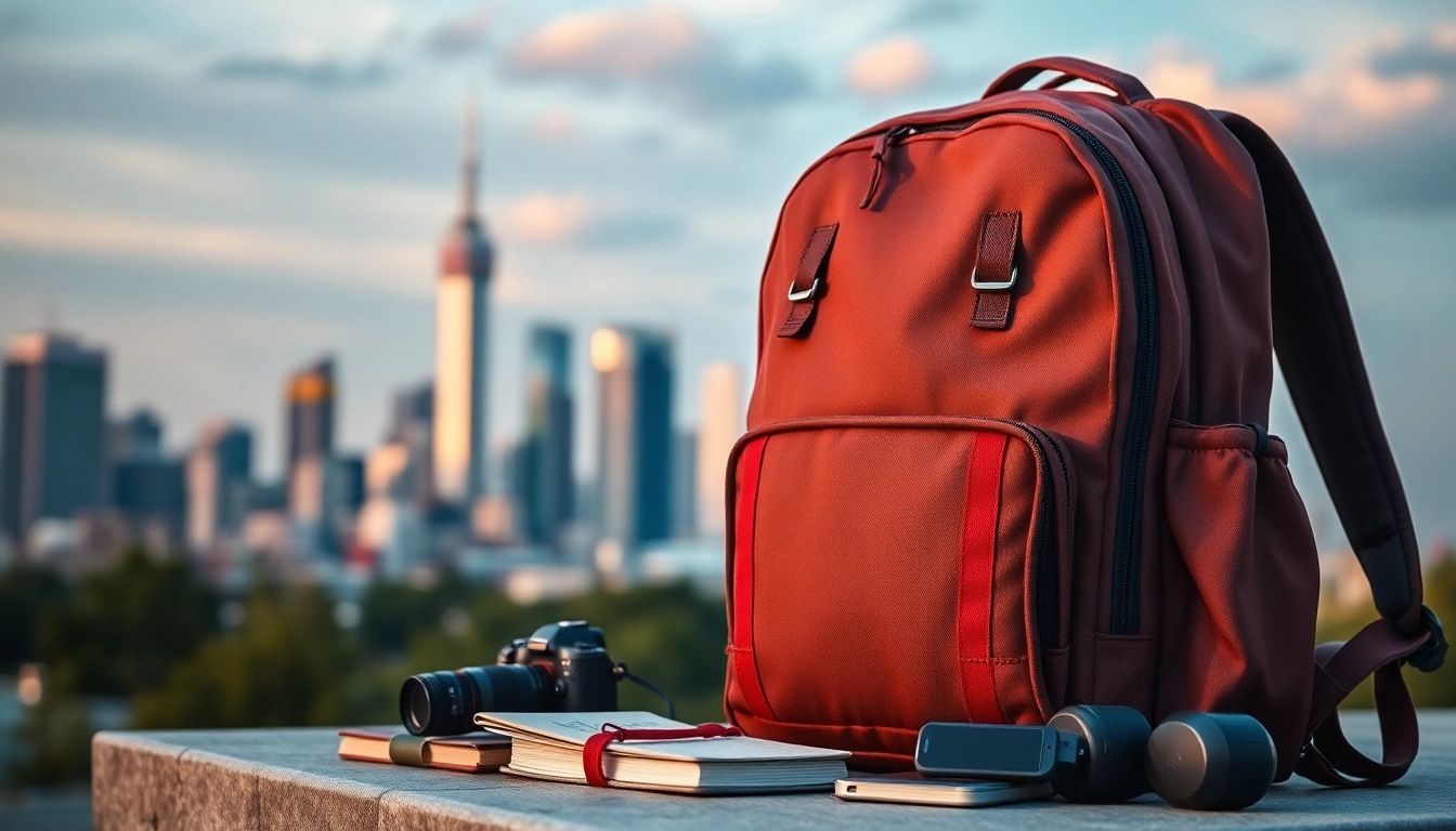 Showcasing travel gears in an urban setting with stylish accessories and a modern backpack.