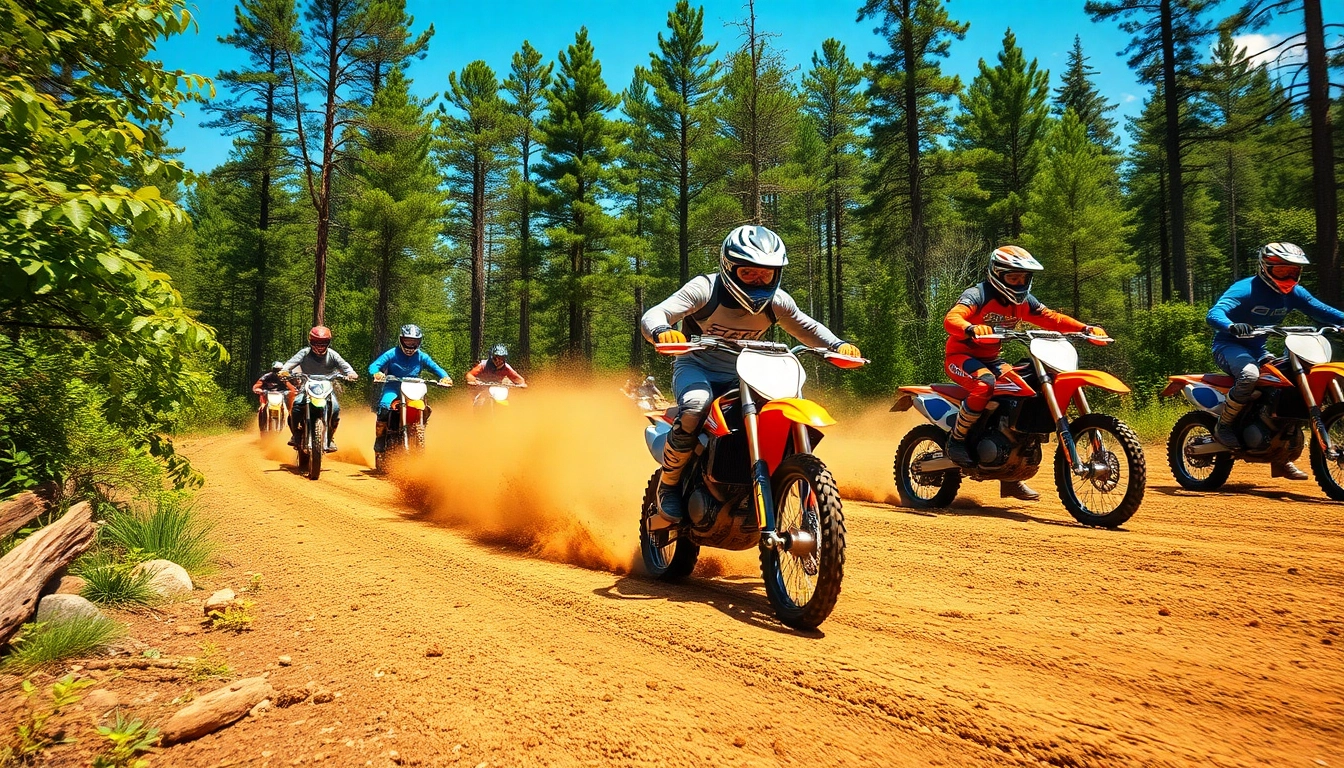 Dirtbike trails near me with riders navigating through a lush forest environment.