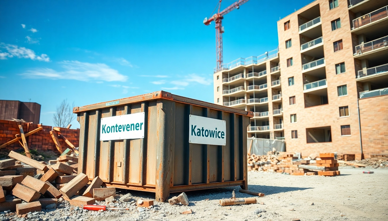 Kontener na gruz Katowice z widokiem na plac budowy, otoczony gruzem i narzędziami.