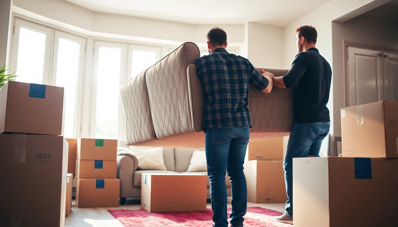 Professional movers calgary lifting a couch during a residential move in a bright living room.
