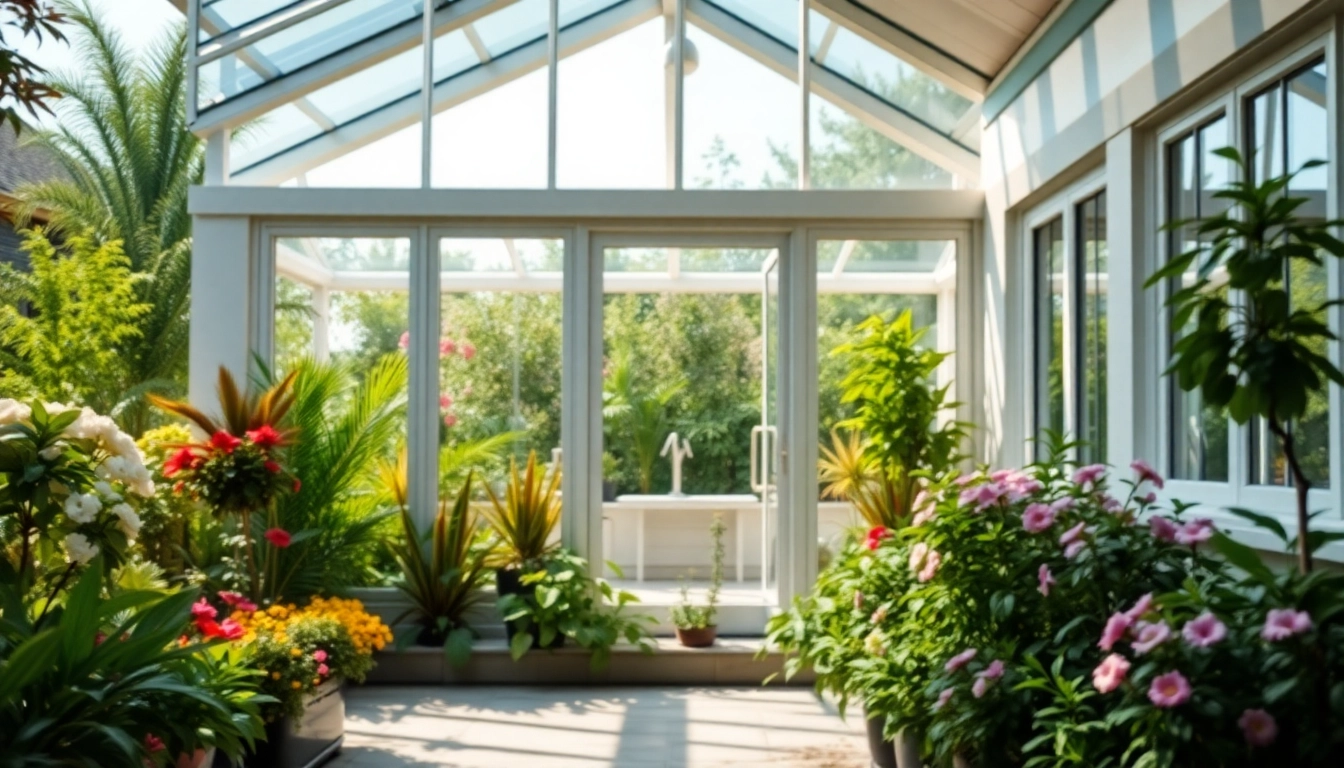 Experience the beauty of a glass sunroom in a lush garden setting, offering outdoor views and modern charm.