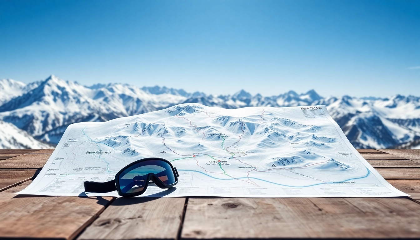 Detailed ski map revealing alpine trails and snow features in a picturesque setting.