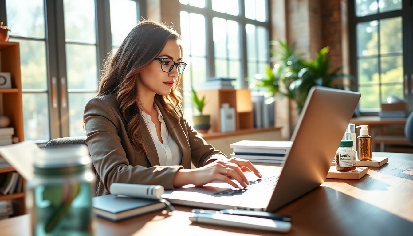Selling wholesale on amazon with a businesswoman analyzing products and statistics in a modern office.