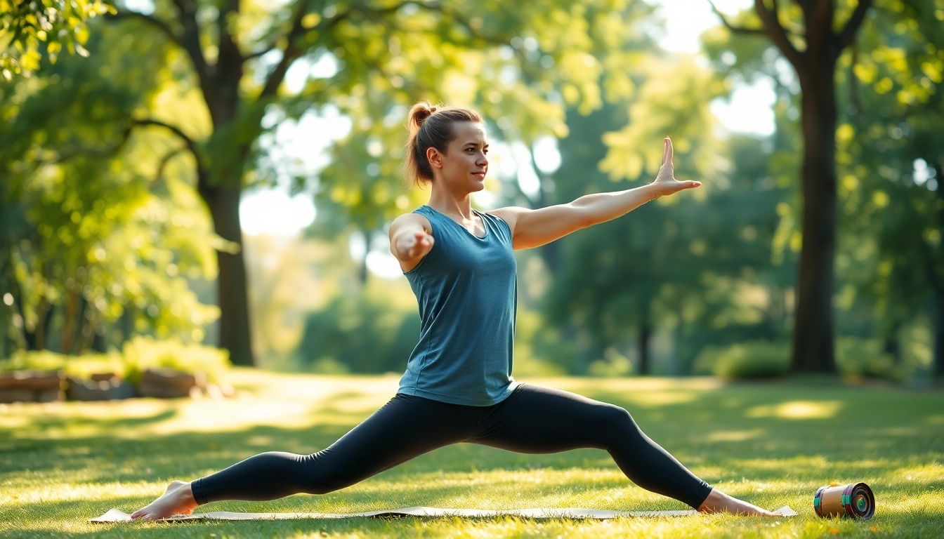 Engaging fitness coach showcases yoga at https://www.australianhealthandfitness.com.au in serene outdoor setting.