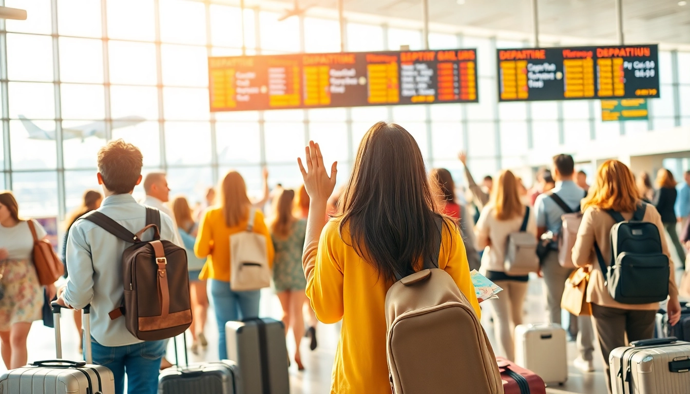 Travelers enjoying the vibrant atmosphere of a busy airport terminal filled with excitement.