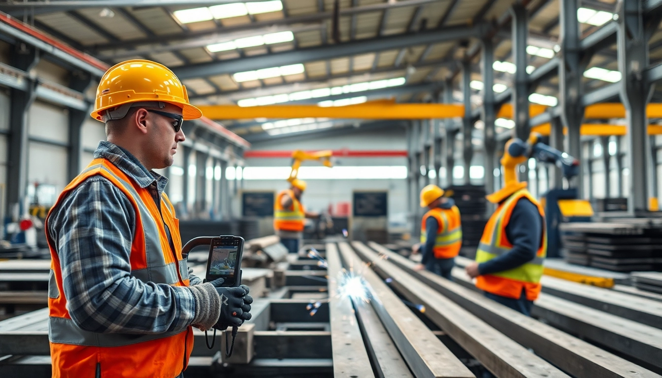 Engineers overseeing structural steel fabrication with advanced machinery in a bright workshop.