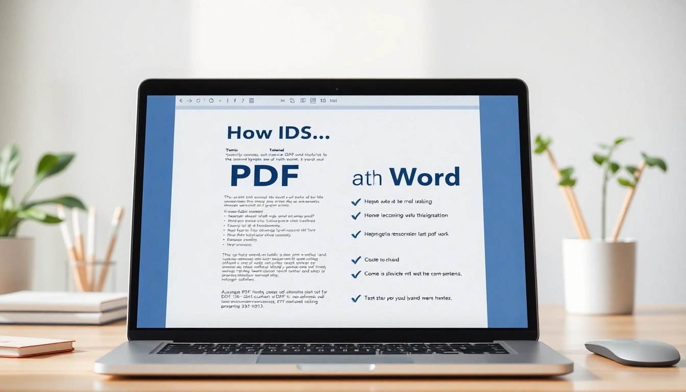 Step-by-step guide to convert PDF to Word on a laptop screen with a modern workspace background.