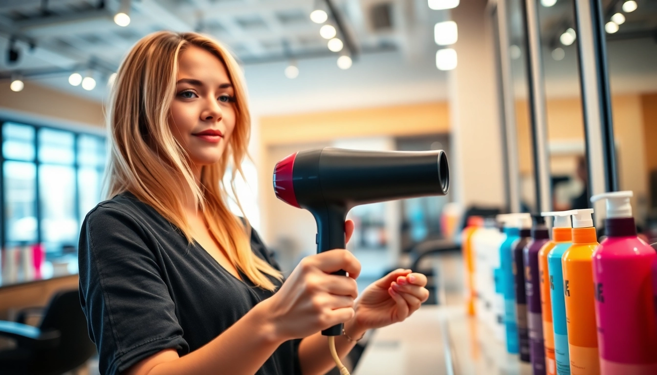 Stylist using the best blow dryer effortlessly in a trendy salon environment.