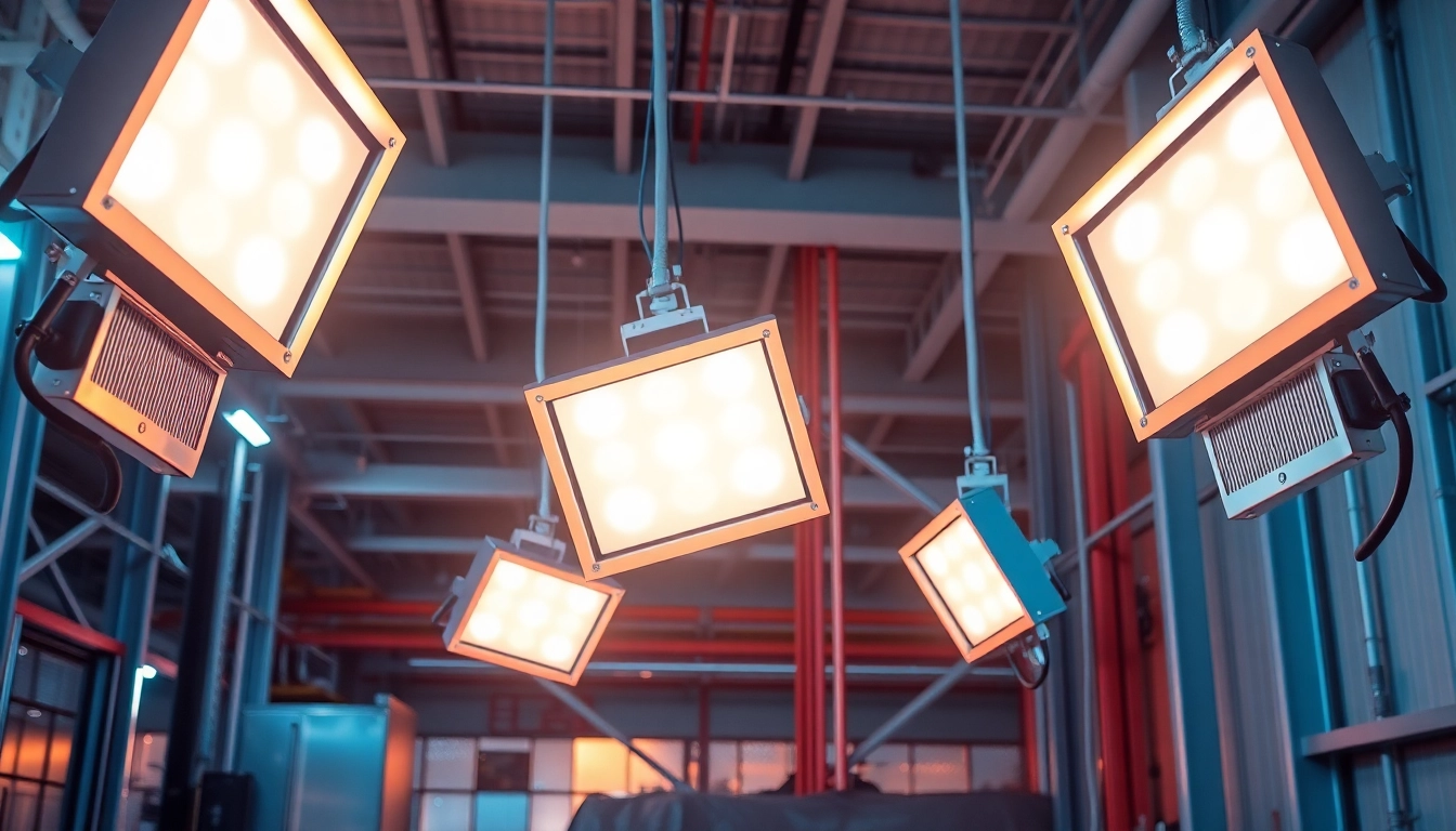 Efficient IR paint curing lamps providing targeted heat in an industrial setting.