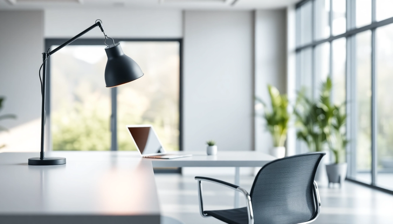Illuminate your workspace with quasar light in a modern, minimalist setting featuring sleek design.