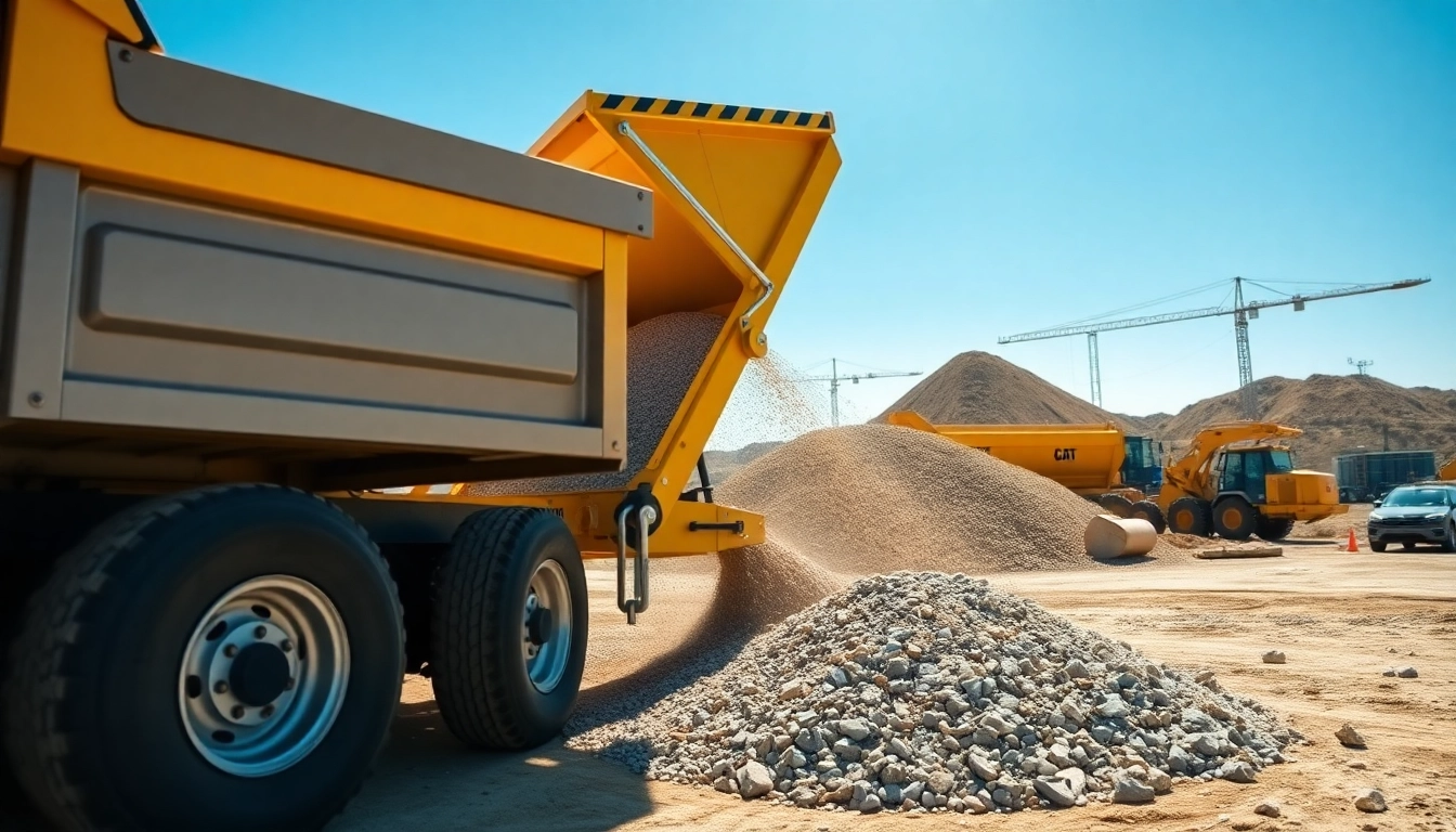 Examine this hydraulic dump trailer for sale unloading materials at a bustling construction site.