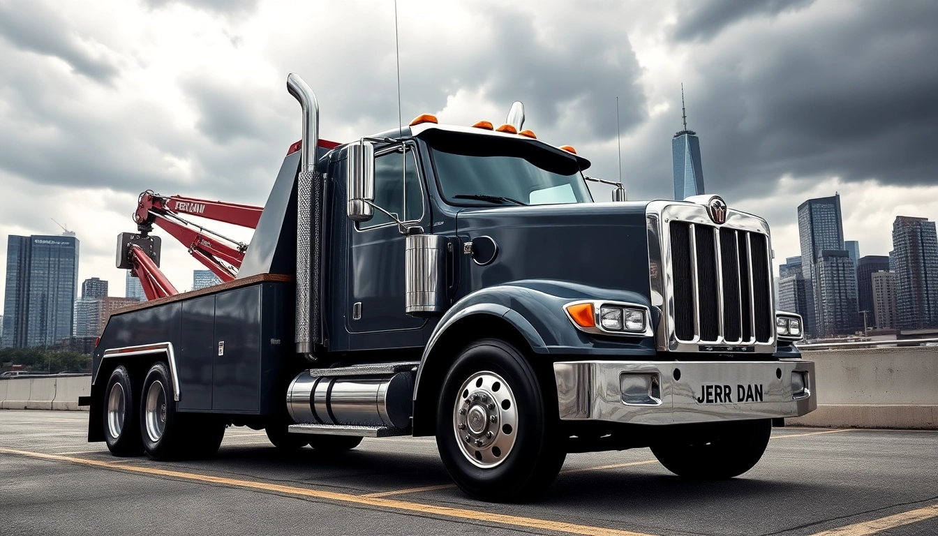 Reinforced Jerr Dan tow truck showcasing its durability against a dynamic city backdrop.