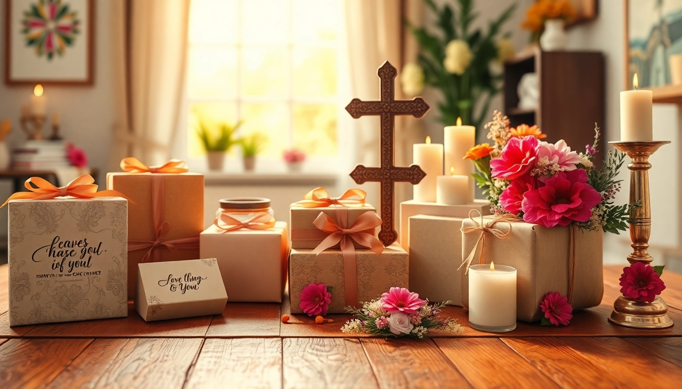 Showcase of Christian gifts beautifully displayed on a wooden table, inspiring warmth and connection.
