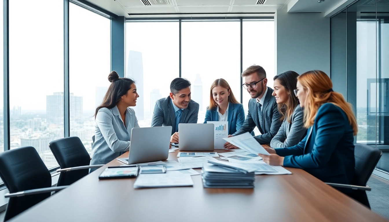 Utilizing competitive intelligence, professionals analyze market data in a vibrant office setting.