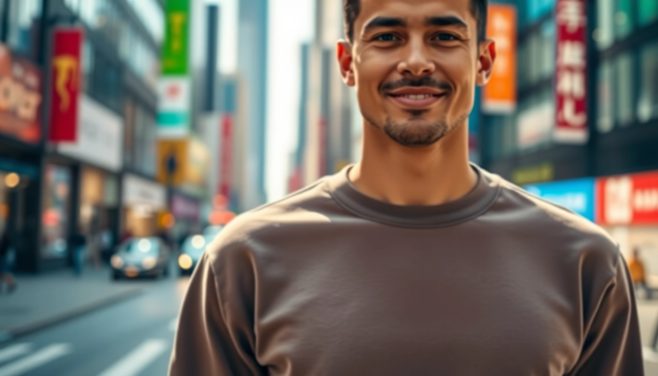 Showcasing a stylish blank crewneck sweatshirt worn by a model in a vibrant urban environment.