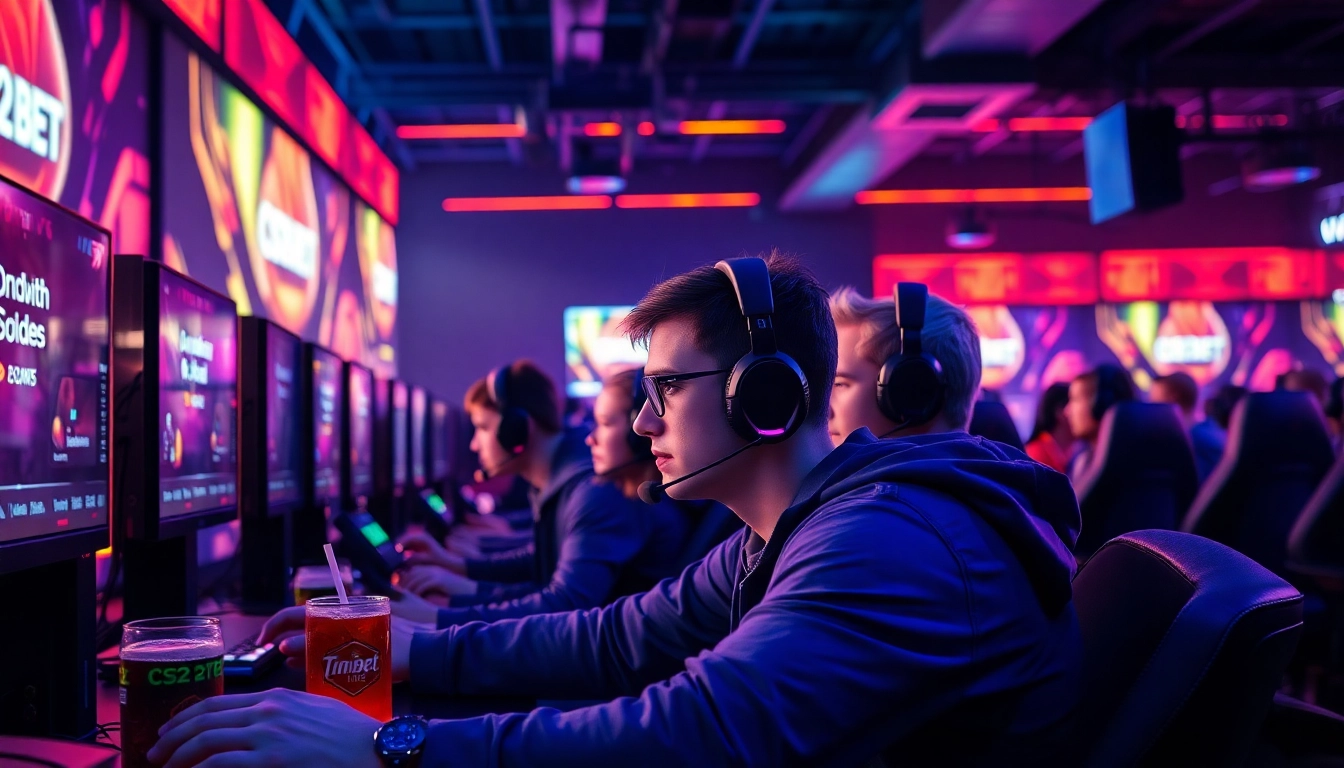 Action-packed view of CS2 Bet eSports betting environment with focused gamers and vibrant atmosphere.