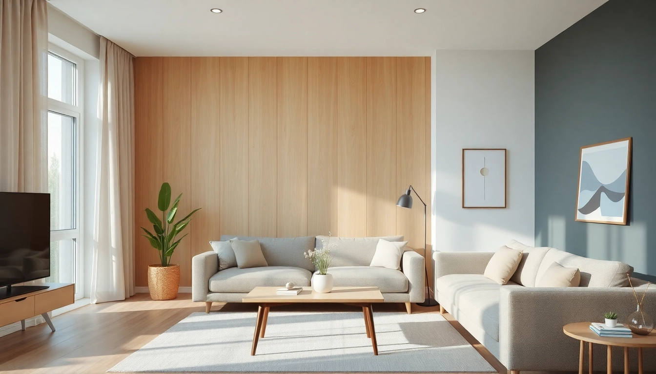 Elegant modern living room utilizing laminate wall panels for a stylish design feature.