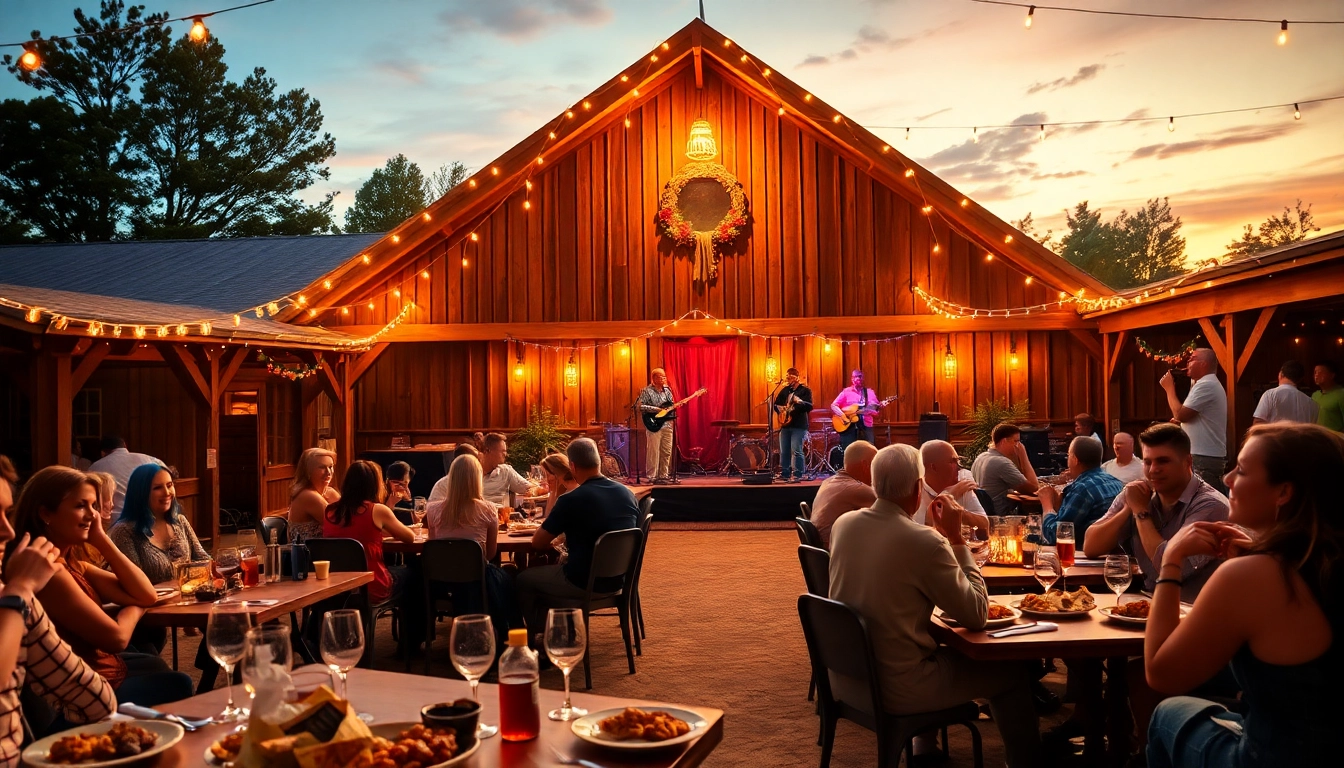 Vibrant firelight barn photos capturing a lively dinner theater event with guests enjoying BBQ.