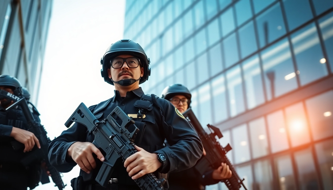 Armed security guards ensuring safety in a corporate environment with vigilance and professionalism.