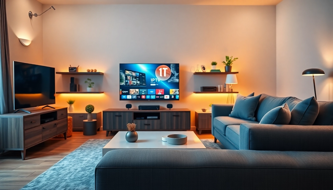 Showcase the best iptv subscription experience in a cozy living room setup with modern decor.