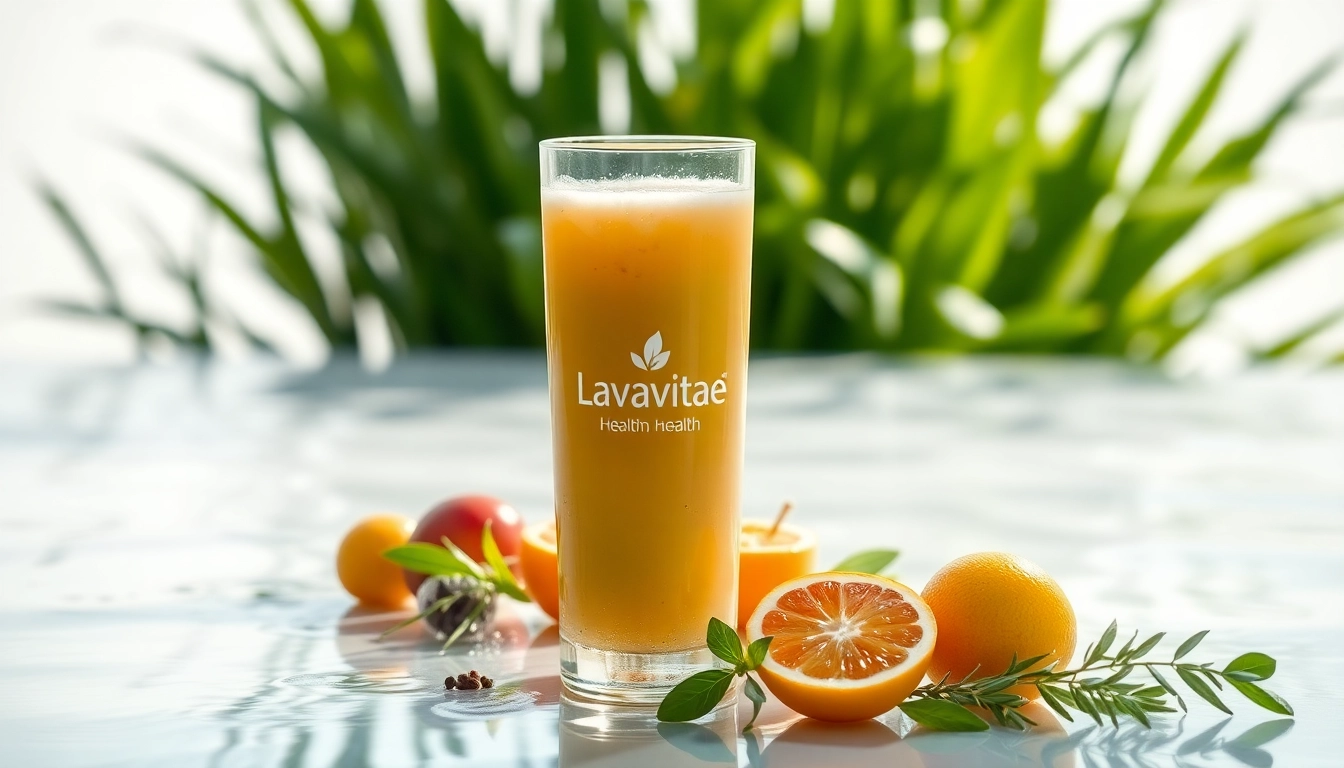Zdjęcie Lavavitae w eleganckiej szklance w otoczeniu świeżych roślin