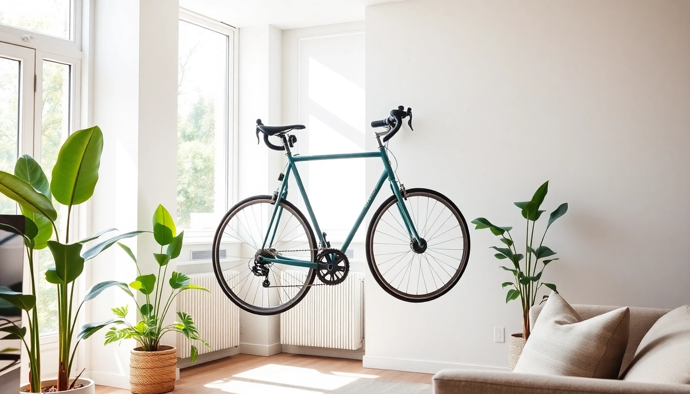 Maximize space with an elegant apartment bike storage solution featuring a wall-mounted rack.