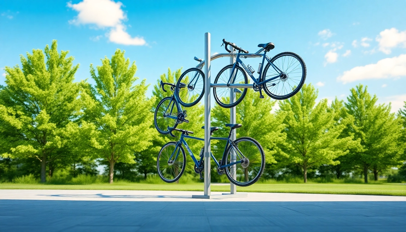 Showcase of a Vertical bike rack holding multiple bikes in a scenic outdoor environment.