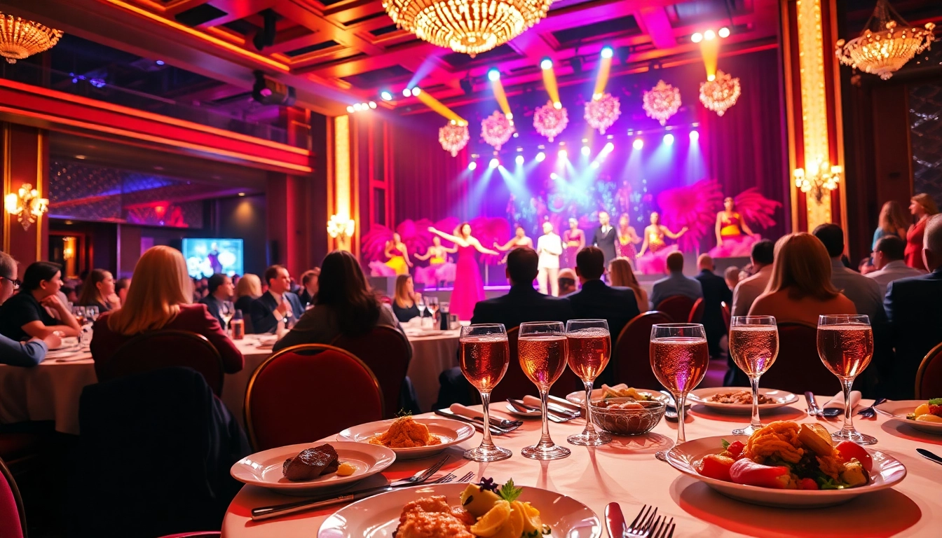 Guests enjoying lively performances at Las Vegas dinner shows with elegant table settings and gourmet meals.